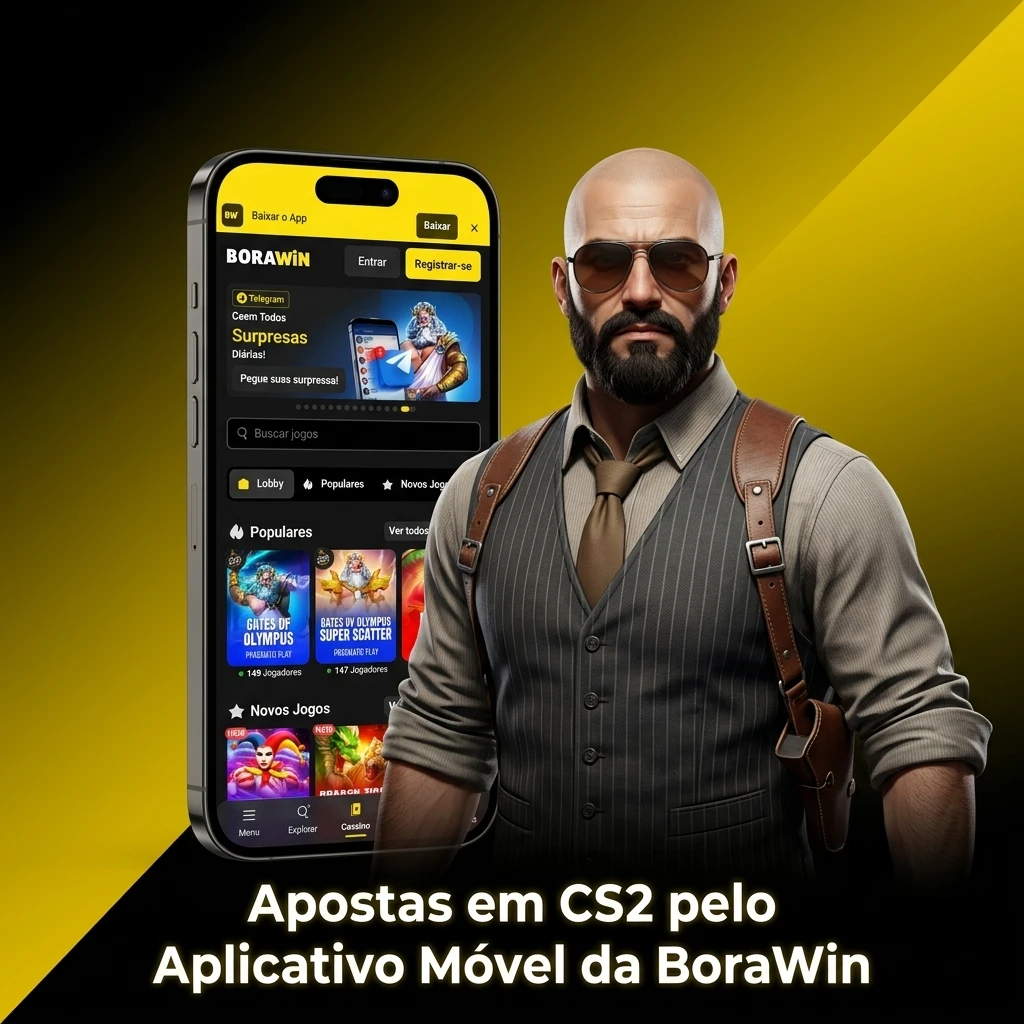 Aplicativo móvel BoraWin para apostas em CS2 com mercados ao vivo e gerenciamento de conta no celular