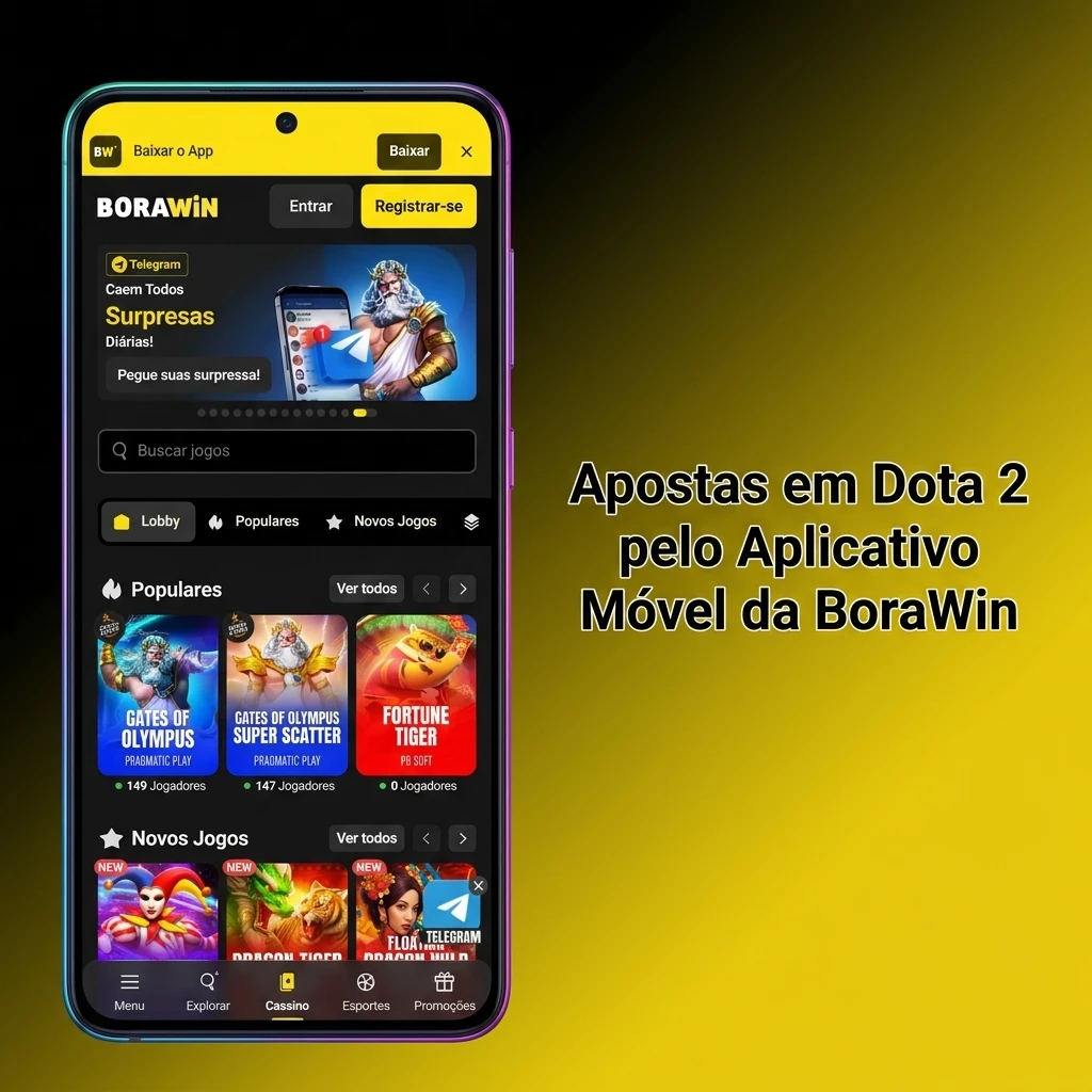 Aplicativo BoraWin para apostas em Dota 2 no celular, com interface intuitiva para Android e iOS