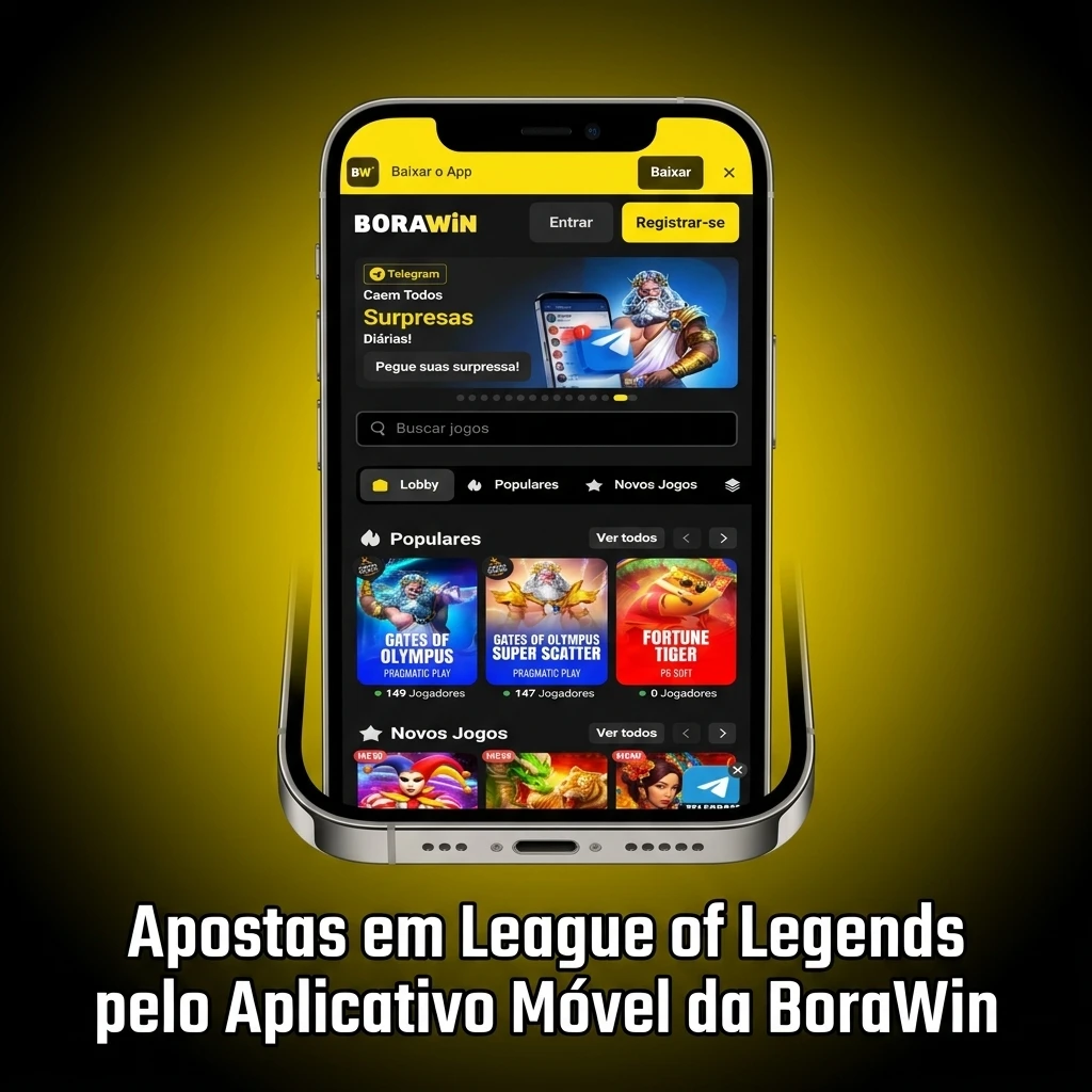 Aplicativo BoraWin no celular mostrando apostas em League of Legends com odds ao vivo e mercados de eSports