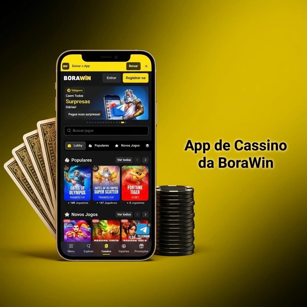 App de cassino da BoraWin com jogos de caça-níqueis, roleta, blackjack e cassino ao vivo com dealers reais