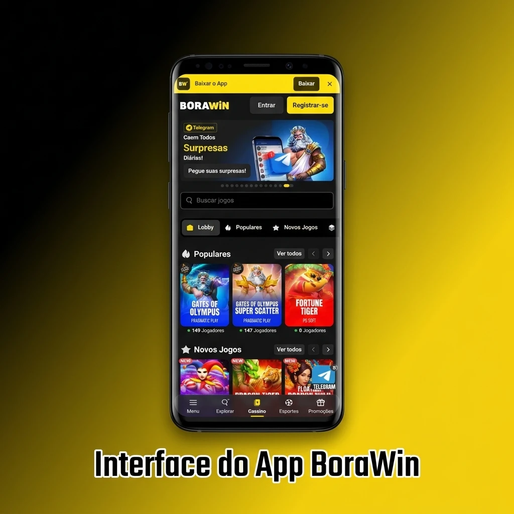 Interface do aplicativo BoraWin no celular com menus de apostas esportivas, cassino e conta do usuário