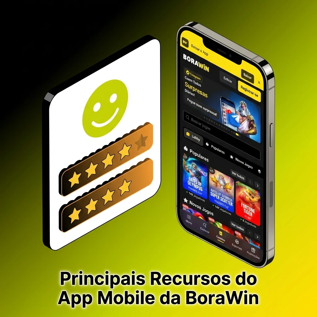 App mobile BoraWin com recursos como Pix, cassino ao vivo, apostas esportivas e suporte 24/7 para jogadores brasileiros.