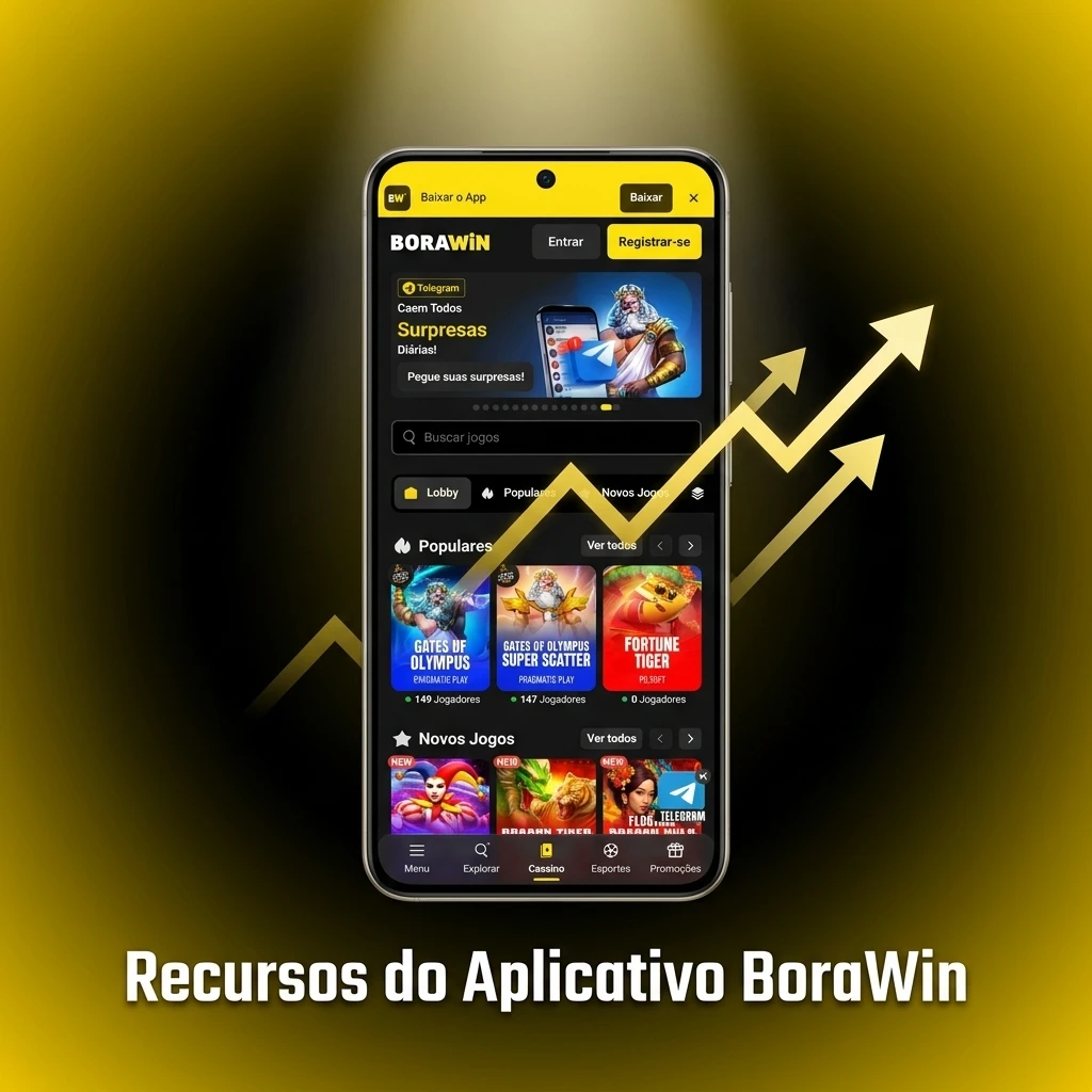 Interface do aplicativo BoraWin com recursos de apostas ao vivo, cassino, depósitos, saques e notificações